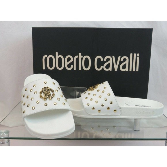 ROBERTO CAVALLI WHITE LEATHER SNAKE MEDALLION LOGO STUDS SANDAL 42.5 / 9.5 ITALY - Picture 3 of 12